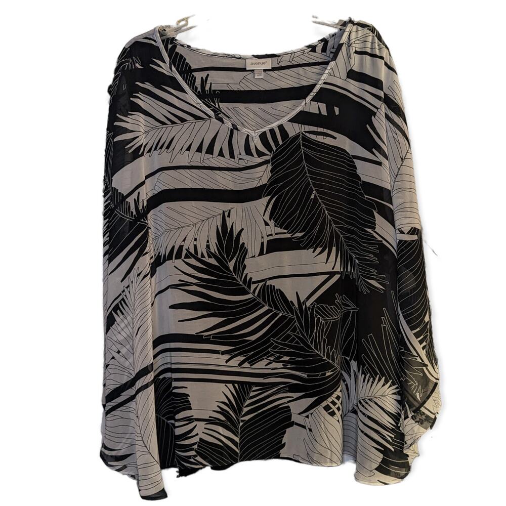 Avenue Womens Plus Black & Gray Tropical Print V Neck Poncho Blouse Top 30/32